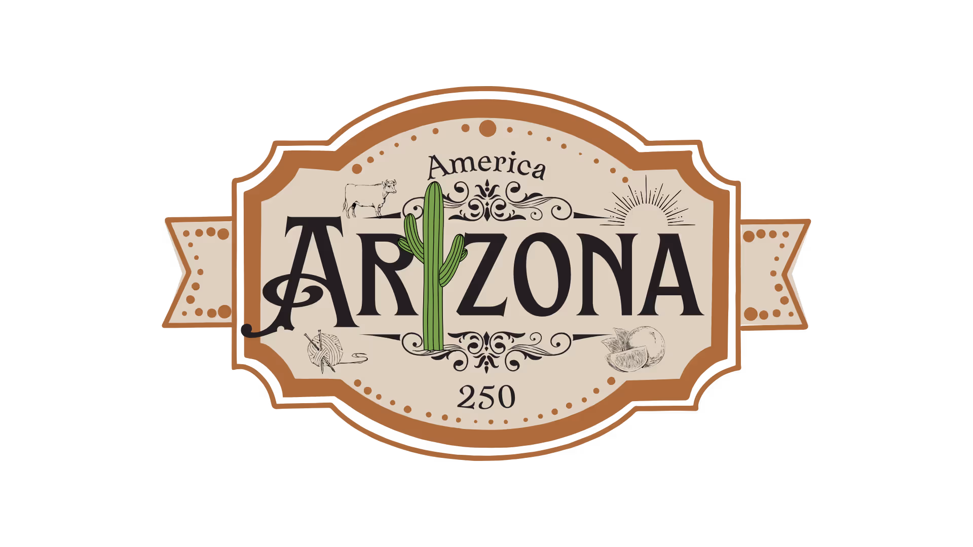 Vintage-style emblem with the word 'Arizona' featuring a green cactus, cow, sun, yarn, and citrus fruit illustrations, and text 'America' and '250'.